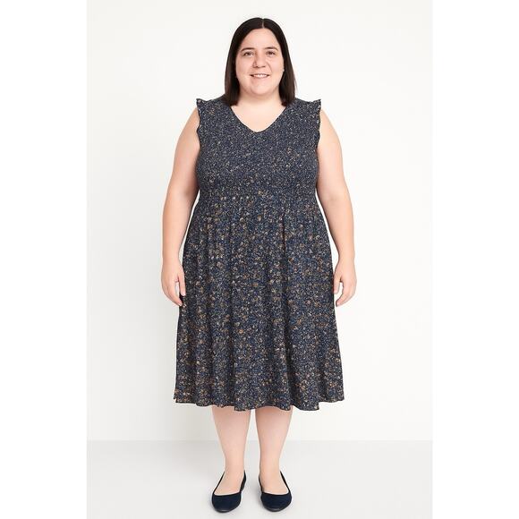 Old Navy Blue Floral Smocked Midi Dress Women’s Plus 2X Ruffle Sleeve Boho - Picture 1 of 9